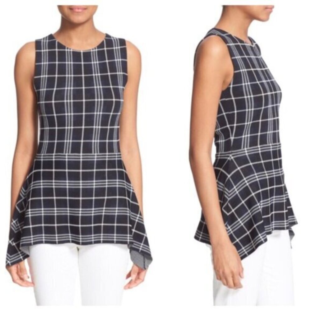 Theory Navy & White Kalora Lustrate Plaid Peplum Tunic Top Size Large